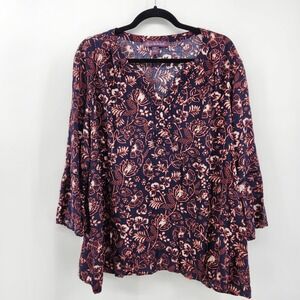 Gloria Vanderbilt XXL Floral Print Blouse Navy‎ Blue Orange 3/4 Sleeve